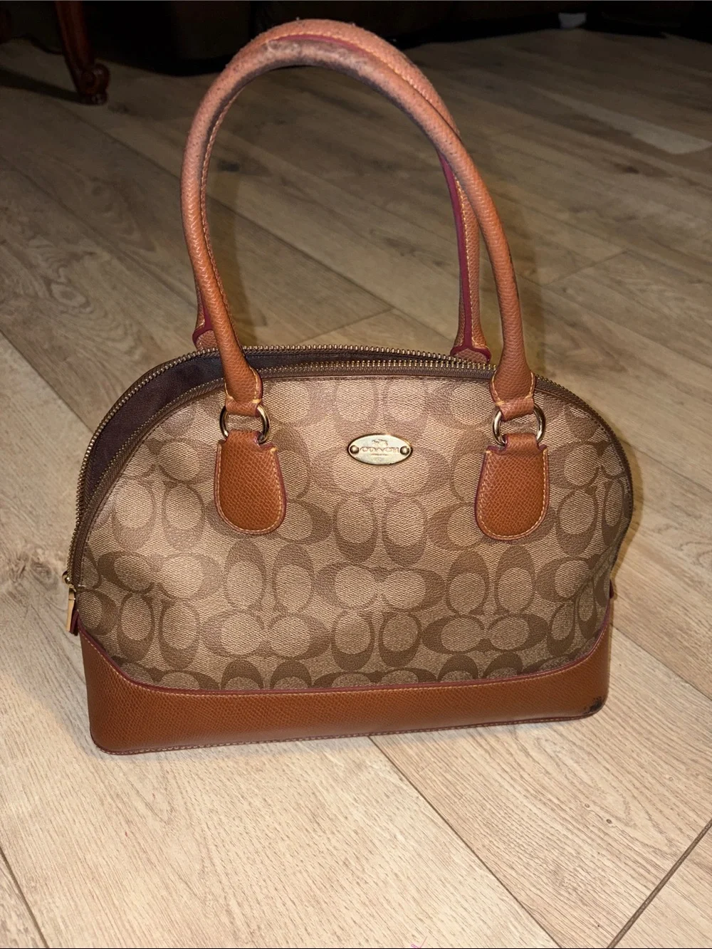 Coach Brown/Tan Signature Dome Satchel with Gold Plaque